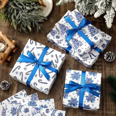 FYSUIMU 12 Sheets Christmas Wrapping Paper -Not Roll- Blue Xmas Tree Candy Cane Poinsettia Gift Wrap Paper Folded Flat Craft Paper for Party Supplies, 19.7 x 27.6 Inch in Saudi Arabia