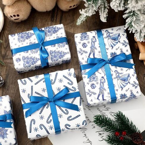 FYSUIMU 12 Sheets Christmas Wrapping Paper -Not Roll- Blue Xmas Tree Candy Cane Poinsettia Gift Wrap Paper Folded Flat Craft Paper for Party Supplies, 19.7 x 27.6 Inch in Saudi Arabia