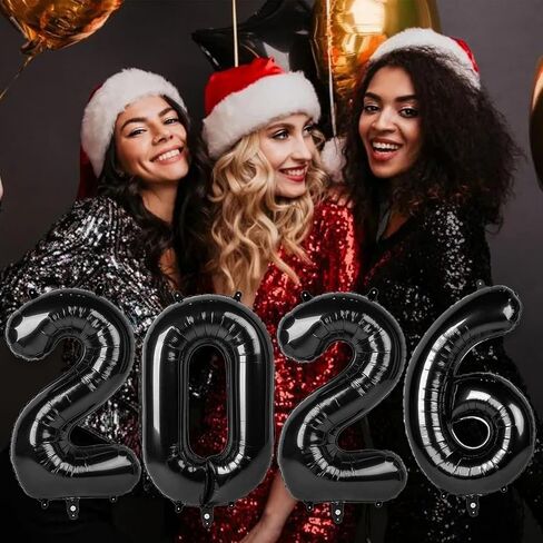 2026 بالونات سوداء 2026 أرقام بالونات - 16 بوصة سنة جديدة سعيدة بالونات فويل 2026 لمستلزمات حفلات رأس السنة الجديدة وديكورات أعياد الميلاد والذكرى السنوية للتخرج in Kuwait