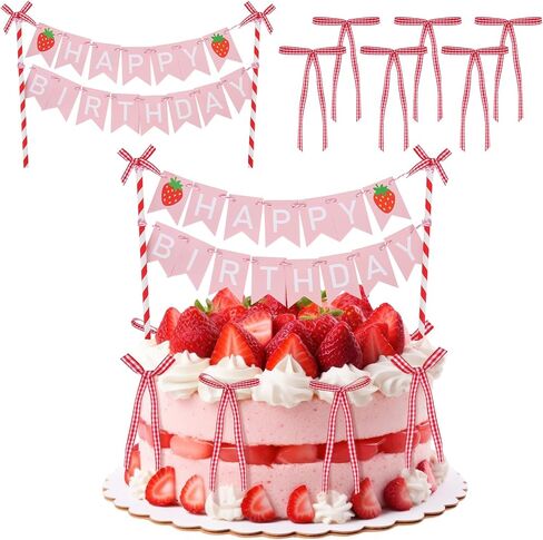 Whaline Strawberry Bunting Cake Topper 1 Set Birthday Banner Cake Topper with 6 Bows for Girl First Birthday Baby Shower Party Decor in Saudi Arabia