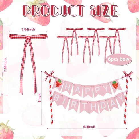 Whaline Strawberry Bunting Cake Topper 1 Set Birthday Banner Cake Topper with 6 Bows for Girl First Birthday Baby Shower Party Decor in Saudi Arabia