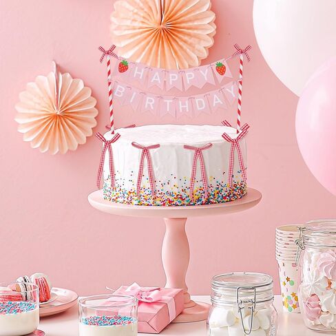 Whaline Strawberry Bunting Cake Topper 1 Set Birthday Banner Cake Topper with 6 Bows for Girl First Birthday Baby Shower Party Decor in Saudi Arabia