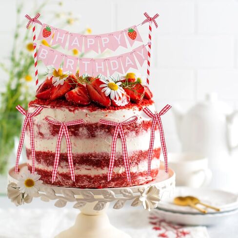 Whaline Strawberry Bunting Cake Topper 1 Set Birthday Banner Cake Topper with 6 Bows for Girl First Birthday Baby Shower Party Decor in Saudi Arabia