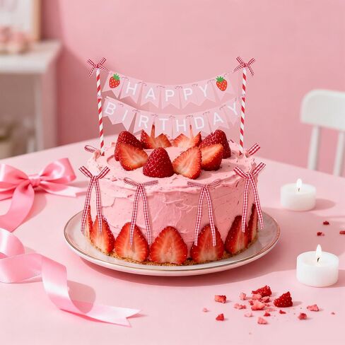 Whaline Strawberry Bunting Cake Topper 1 Set Birthday Banner Cake Topper with 6 Bows for Girl First Birthday Baby Shower Party Decor in Saudi Arabia