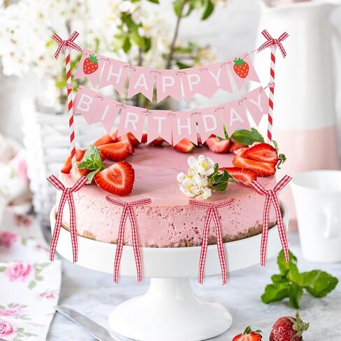 Whaline Strawberry Bunting Cake Topper 1 Set Birthday Banner Cake Topper with 6 Bows for Girl First Birthday Baby Shower Party Decor in Saudi Arabia