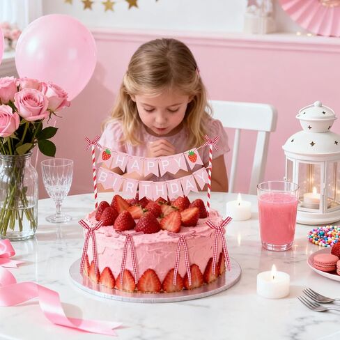 Whaline Strawberry Bunting Cake Topper 1 Set Birthday Banner Cake Topper with 6 Bows for Girl First Birthday Baby Shower Party Decor in Saudi Arabia