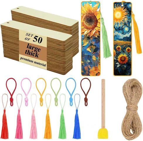 Rcpuirl 50 PCS Extra Large Thick Wood Bookmark Kit with Tassels & Gift Ribbons – Unfinished Wooden Bookmarks to Paint, Smooth Natural Wood Bookmark Blanks for Adults, Kids & DIY Crafts in Saudi Arabia