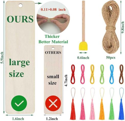 Rcpuirl 50 PCS Extra Large Thick Wood Bookmark Kit with Tassels & Gift Ribbons – Unfinished Wooden Bookmarks to Paint, Smooth Natural Wood Bookmark Blanks for Adults, Kids & DIY Crafts in Saudi Arabia