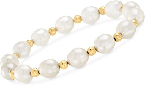 Ross-Simons 8-9mm Cultured Pearl and 14kt Yellow Gold Bead Stretch Bracelet. 8 inches in Saudi Arabia