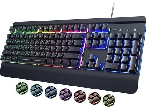 RisoPhy Gaming Keyboard, 104 Keys All-Metal Panel, Rainbow LED Backlit Silent Computer Keyboard, Wrist Rest, Multimedia Keys, Anti-Ghosting, Waterproof Light Up Wired Keyboard for PC Mac Gamer in Kuwait