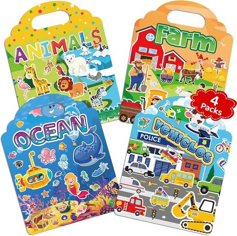 Jelly Sticker Books for Toddlers 2-4 Years, 4 Sets Reusable Sticker Books for Toddlers 1-3, Travel Toys Stickers Activity Book for Ages 2 3 4 5 6 Boy Girl Christmas Gifts (4Sets-Collection 1) in Kuwait
