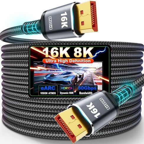 كابل Displayport 16K 2.1، [معتمد من VESA] كابل DP 2.1 6.5FT، 16K@60هرتز، 8K@120هرتز، 4K@240هرتز 165هرتز 144هرتز، يدعم 80 جيجابت في الثانية HDR، HDCP DSC 1.2a، شاشة ألعاب FreeSync G-Sync المتوافقة 4090 7900xtx in Kuwait