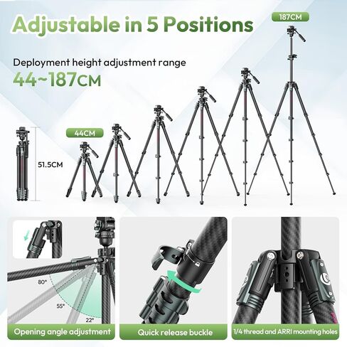 ULANZI TT09 Video-Go Travel Tripod, 5 Sections Carbon Fiber Compact and Lightweight for Cameras, Quick Mount and Release & All-Around Panoramic, with Storage Bag, Weight 3.31lbs,Folded Height 17.72'' in Saudi Arabia
