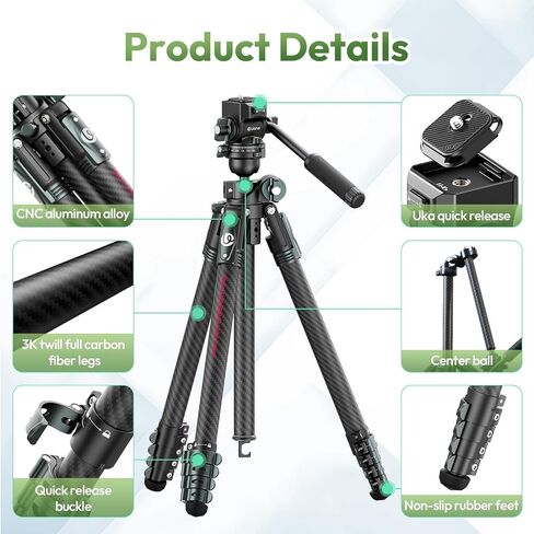 ULANZI TT09 Video-Go Travel Tripod, 5 Sections Carbon Fiber Compact and Lightweight for Cameras, Quick Mount and Release & All-Around Panoramic, with Storage Bag, Weight 3.31lbs,Folded Height 17.72'' in Saudi Arabia