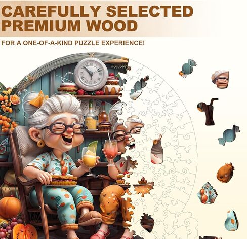 Jigfoxy Wooden Puzzle for Adults, Happy Grandmas Jigsaw Puzzles for Adult, Unique Animal Shape Wood Cut Puzzles, Christmas Thanksgiving Gifts for Friends Family (M-11.4 * 11.4in-200pcs) in Kuwait