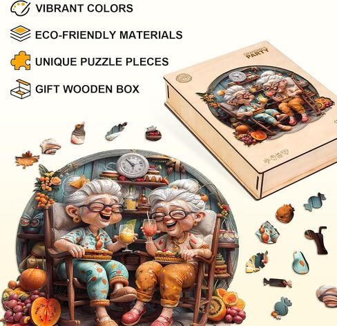 Jigfoxy Wooden Puzzle for Adults, Happy Grandmas Jigsaw Puzzles for Adult, Unique Animal Shape Wood Cut Puzzles, Christmas Thanksgiving Gifts for Friends Family (M-11.4 * 11.4in-200pcs) in Kuwait