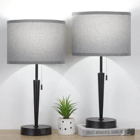 GGOYING Set of 2 Bedroom Table Lamps, Pull Chain Bedside Lamps with USB A & C Charging Ports,5000K LED Bulb,Linen Lampshade for Livingroom, Bedroom, Home in Saudi Arabia