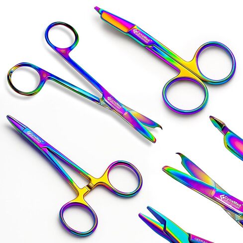 Cynamed Hemostat and Scissors with Multicolor Titanium Coating - Set of 3 - Suture Removal Scissors, Lister Bandage Scissors, Hemostatic Forceps (Standard) in Saudi Arabia