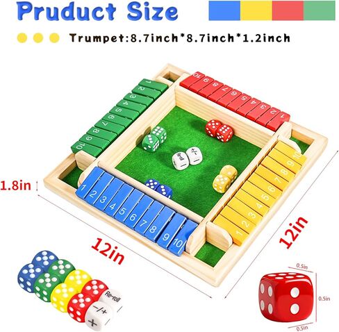 Shut The Box Dice Game 12 Inch Upgraded 2-4 Player Wooden Dice Game Math Addition Games Close The Box Family Wooden Dice Board Game for Kids Adults, Tabletop Version for Classroom, Home, Party or Bar in Saudi Arabia