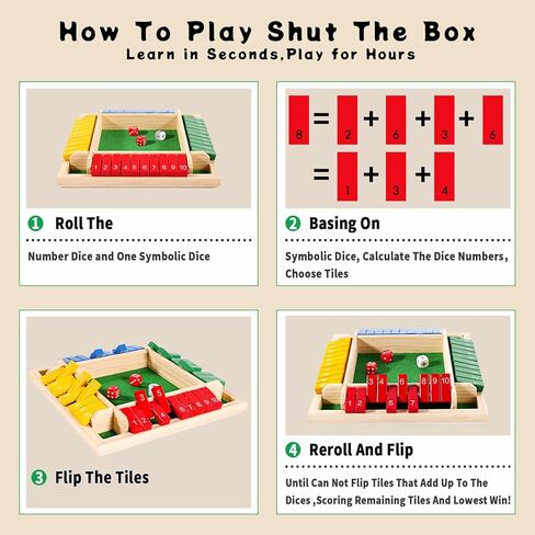 Shut The Box Dice Game 12 Inch Upgraded 2-4 Player Wooden Dice Game Math Addition Games Close The Box Family Wooden Dice Board Game for Kids Adults, Tabletop Version for Classroom, Home, Party or Bar in Saudi Arabia