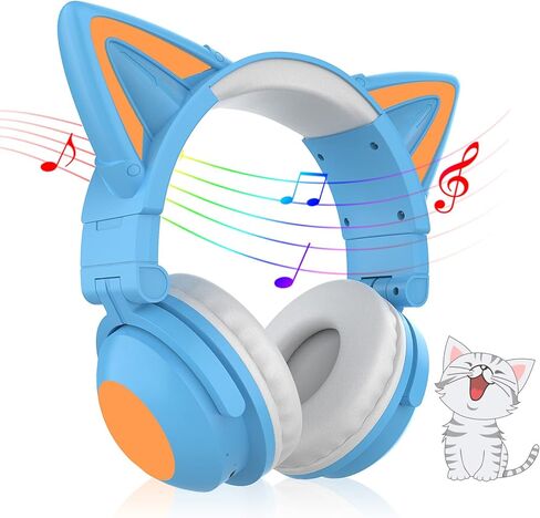 Cat Ear Bluetooth Headphones,Over Wired Ear Headphones with Built-in Mic,Foldable LED Wireless Headset,Cute Headphones for Kids, On-Ear Wireless Headphone Compatible with Phone/PC/Tablet/TV(Black) in Kuwait