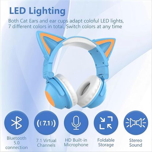 Cat Ear Bluetooth Headphones,Over Wired Ear Headphones with Built-in Mic,Foldable LED Wireless Headset,Cute Headphones for Kids, On-Ear Wireless Headphone Compatible with Phone/PC/Tablet/TV(Black) in Kuwait