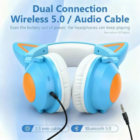 Cat Ear Bluetooth Headphones,Over Wired Ear Headphones with Built-in Mic,Foldable LED Wireless Headset,Cute Headphones for Kids, On-Ear Wireless Headphone Compatible with Phone/PC/Tablet/TV(Black) in Kuwait