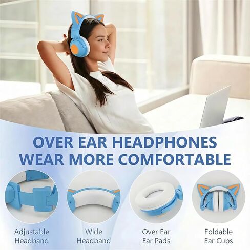 Cat Ear Bluetooth Headphones,Over Wired Ear Headphones with Built-in Mic,Foldable LED Wireless Headset,Cute Headphones for Kids, On-Ear Wireless Headphone Compatible with Phone/PC/Tablet/TV(Black) in Kuwait
