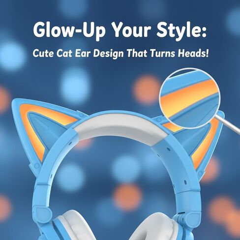 Cat Ear Bluetooth Headphones,Over Wired Ear Headphones with Built-in Mic,Foldable LED Wireless Headset,Cute Headphones for Kids, On-Ear Wireless Headphone Compatible with Phone/PC/Tablet/TV(Black) in Kuwait