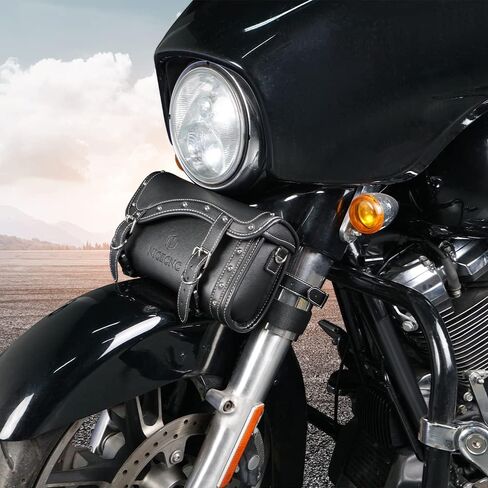 NICECNC Motorcycle Front Fork Bag PU Leather, Vintage Crazy Horse Lines Motorcycle Handlebar Bag Universal Motorcycle Tool bag Motorcycle Sissy Bar Bag Saddle Bag with Reinforced Straps,Brown in Kuwait