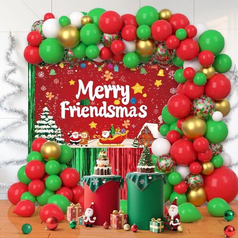 105pcs Friendsmas Christmas Party Decorations Christmas Balloon Arch Kit with Merry Friendsmas Banner, Xmas Balloons and Red Green Foil Curtain for Friends Gathering Decor in Saudi Arabia