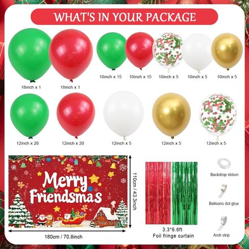 105pcs Friendsmas Christmas Party Decorations Christmas Balloon Arch Kit with Merry Friendsmas Banner, Xmas Balloons and Red Green Foil Curtain for Friends Gathering Decor in Saudi Arabia