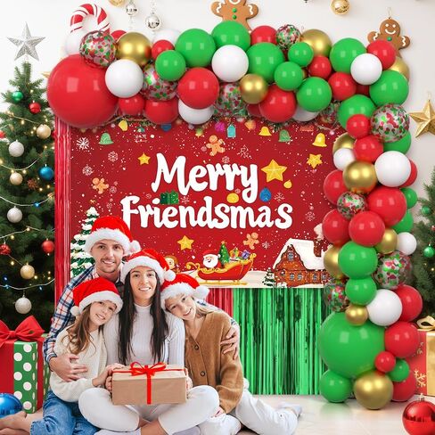 105pcs Friendsmas Christmas Party Decorations Christmas Balloon Arch Kit with Merry Friendsmas Banner, Xmas Balloons and Red Green Foil Curtain for Friends Gathering Decor in Saudi Arabia