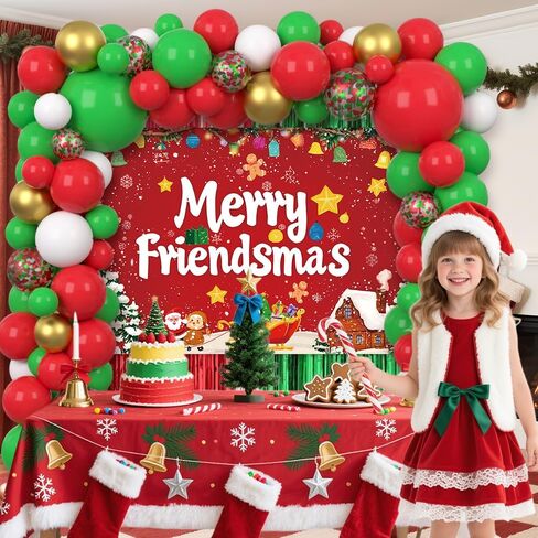 105pcs Friendsmas Christmas Party Decorations Christmas Balloon Arch Kit with Merry Friendsmas Banner, Xmas Balloons and Red Green Foil Curtain for Friends Gathering Decor in Saudi Arabia