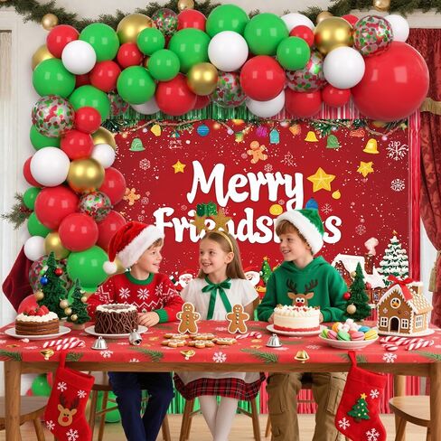 105pcs Friendsmas Christmas Party Decorations Christmas Balloon Arch Kit with Merry Friendsmas Banner, Xmas Balloons and Red Green Foil Curtain for Friends Gathering Decor in Saudi Arabia