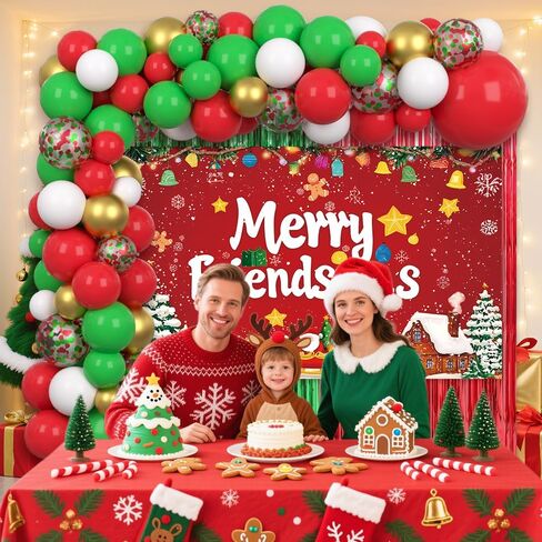 105pcs Friendsmas Christmas Party Decorations Christmas Balloon Arch Kit with Merry Friendsmas Banner, Xmas Balloons and Red Green Foil Curtain for Friends Gathering Decor in Saudi Arabia