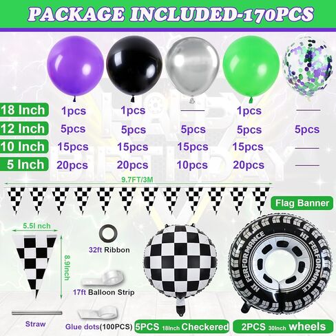 Truck Balloons Arch Kit,170Pcs Purple Black Green Metallic Silver Confetti Balloons Wheel Checkered Balloon for Kids Birthday Party,Monster Race Car Truck Theme Party Decorations Supplie in Saudi Arabia