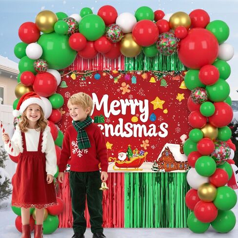 105pcs Friendsmas Christmas Party Decorations Christmas Balloon Arch Kit with Merry Friendsmas Banner, Xmas Balloons and Red Green Foil Curtain for Friends Gathering Decor in Saudi Arabia