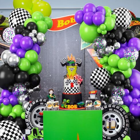Truck Balloons Arch Kit,170Pcs Purple Black Green Metallic Silver Confetti Balloons Wheel Checkered Balloon for Kids Birthday Party,Monster Race Car Truck Theme Party Decorations Supplie in Saudi Arabia
