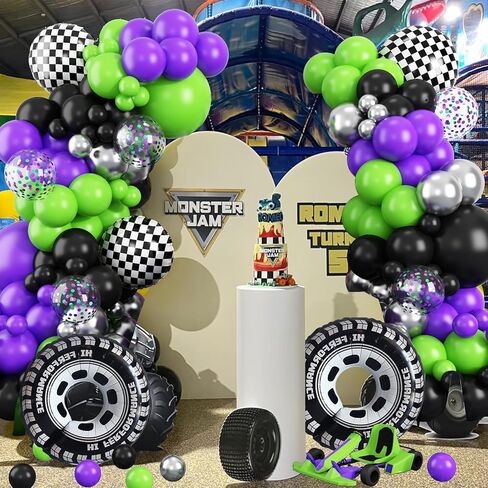 Truck Balloons Arch Kit,170Pcs Purple Black Green Metallic Silver Confetti Balloons Wheel Checkered Balloon for Kids Birthday Party,Monster Race Car Truck Theme Party Decorations Supplie in Saudi Arabia