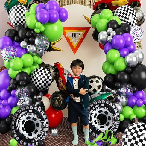 Truck Balloons Arch Kit,170Pcs Purple Black Green Metallic Silver Confetti Balloons Wheel Checkered Balloon for Kids Birthday Party,Monster Race Car Truck Theme Party Decorations Supplie in Saudi Arabia