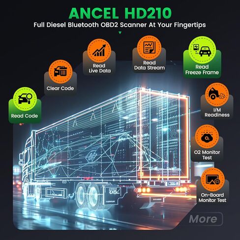 ANCEL HD210 ماسح ضوئي للشاحنات الثقيلة يعمل بتقنية البلوتوث، الحد الأقصى للسرعة وإعادة ضبط الخمول لفولفو والمحرك الدولي، أداة تشخيص الماسح الضوئي لجميع أنظمة الديزل HDOBD/OBD2، قارئ رمز تحديث F-Ree مدى الحياة in Saudi Arabia