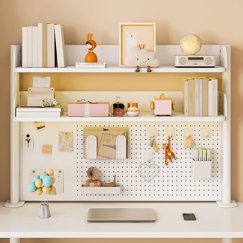 Clamp on Desk Shelf with Pegboard, Black Desktop Bookshelf Organizer Storage Shelves for Home Office Dorm Gaming Desk, Space Saving Tabletop Display Rack Organization (White, 39.3in) in Saudi Arabia