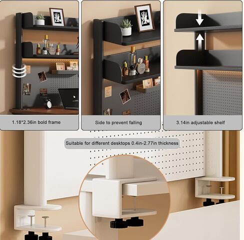 Clamp on Desk Shelf with Pegboard, Black Desktop Bookshelf Organizer Storage Shelves for Home Office Dorm Gaming Desk, Space Saving Tabletop Display Rack Organization (White, 39.3in) in Saudi Arabia