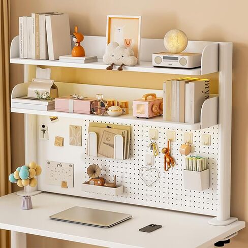 Clamp on Desk Shelf with Pegboard, Black Desktop Bookshelf Organizer Storage Shelves for Home Office Dorm Gaming Desk, Space Saving Tabletop Display Rack Organization (White, 39.3in) in Saudi Arabia
