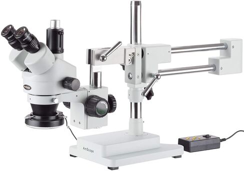 AmScope SM-4T-80S Professional Trinocular Stereo Zoom Microscope, WH10x Eyepieces, 7X-45X Magnification, 0.7X-4.5X Zoom Objective, 80-Bulb LED Ring Light, Double-Arm Boom Stand, 90V-265V in Saudi Arabia