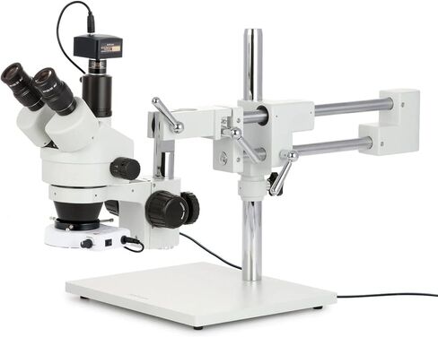 AmScope SM-4T-80S Professional Trinocular Stereo Zoom Microscope, WH10x Eyepieces, 7X-45X Magnification, 0.7X-4.5X Zoom Objective, 80-Bulb LED Ring Light, Double-Arm Boom Stand, 90V-265V in Saudi Arabia