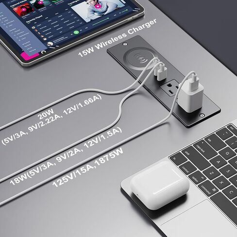 شريط طاقة مجوف مع PD 65 وات USB C، شريط طاقة مثبت على السطح مع 3 منافذ و4 منافذ USB، منفذ أثاث مع كابل توصيل مسطح 2 متر لطاولة أريكة جانبية، أسود in Kuwait