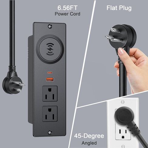 شريط طاقة مجوف مع PD 65 وات USB C، شريط طاقة مثبت على السطح مع 3 منافذ و4 منافذ USB، منفذ أثاث مع كابل توصيل مسطح 2 متر لطاولة أريكة جانبية، أسود in Kuwait