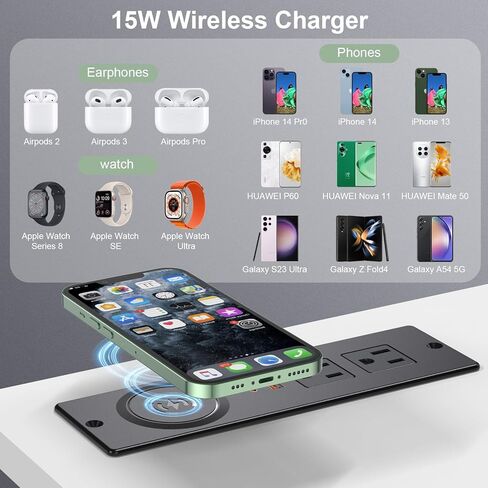 شريط طاقة مجوف مع PD 65 وات USB C، شريط طاقة مثبت على السطح مع 3 منافذ و4 منافذ USB، منفذ أثاث مع كابل توصيل مسطح 2 متر لطاولة أريكة جانبية، أسود in Kuwait